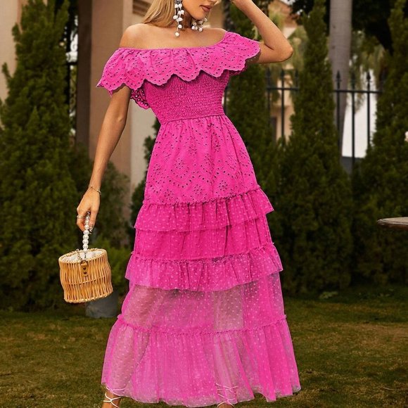 Pink Boho Womens Off Shoulder Ruffle Trim Mesh Overlay Dress - Picture 5 of 5